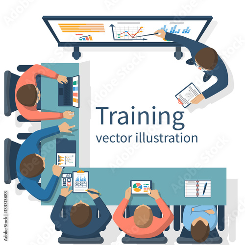 Business training concept. Corporate training staff. Briefing meeting. Business seminar. Vector illustration flat design. Conference employee. Planning decisions.