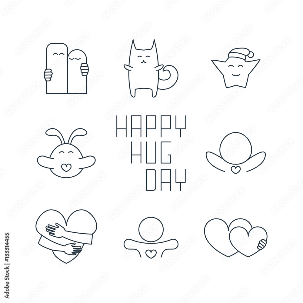 Happy hug day isolated line icons set on white background