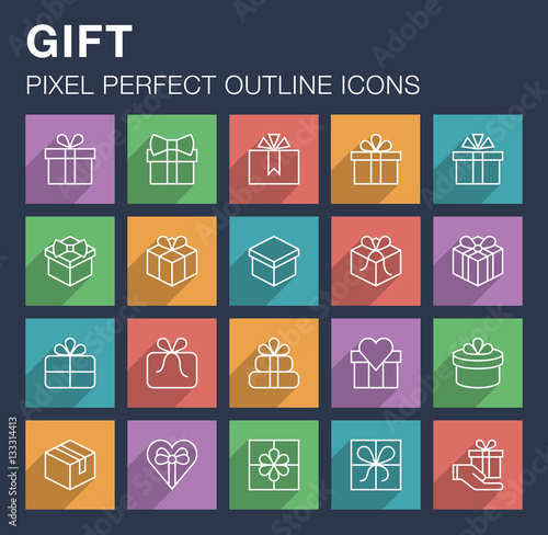 Set of pixel perfect outline gift icons with long shadow. Editable stroke.