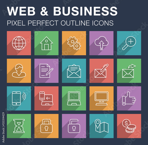 Set of pixel perfect outline web and business icons with long shadow. Editable stroke.