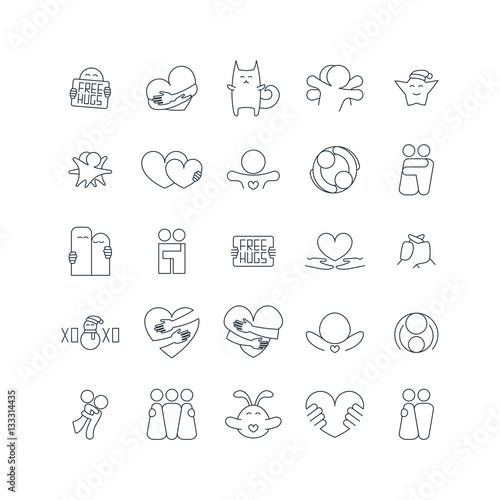 Happy hug day isolated line icons set on white background