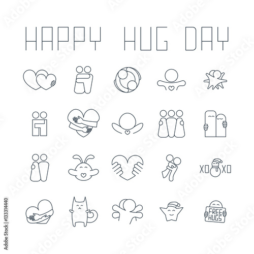 Happy hug day isolated line icons set on white background