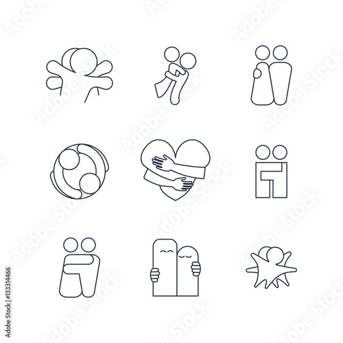 Happy hug day isolated line icons set on white background