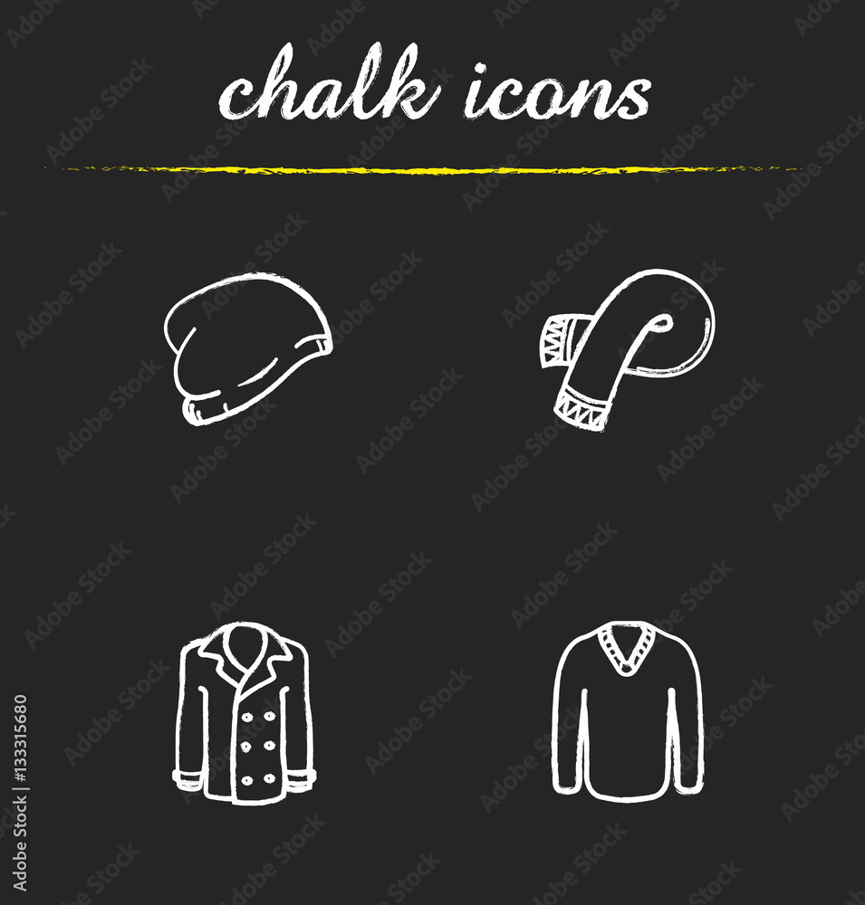 Winter clothes chalk icons set Winter clothes chalk icons set