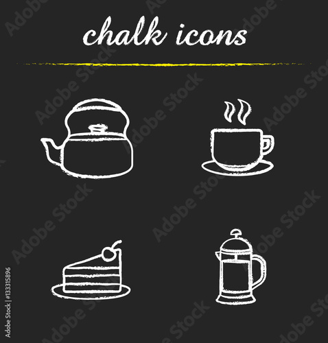 Tea and coffee chalk icons set