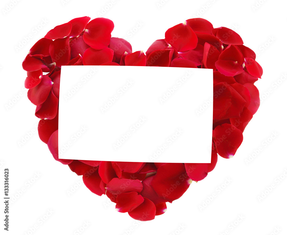 beautiful heart of red rose petals and greeting card isolated on beautiful heart of red rose petals and greeting card isolated on