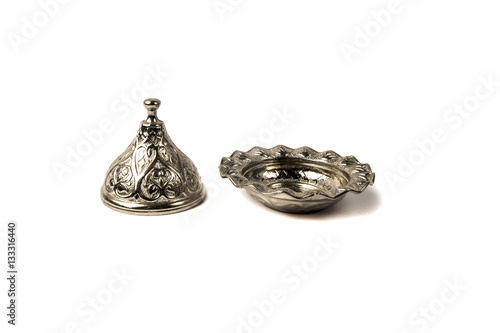 tyrkish silver metal cup tray for Delight, raisins or small candied fruit, nuts on a white background photo