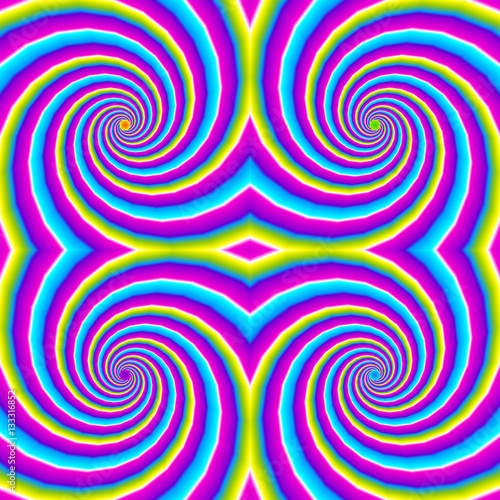Iridescent spirals. Motion illusion. Seamless pattern.