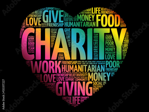 Charity heart word cloud collage, concept background