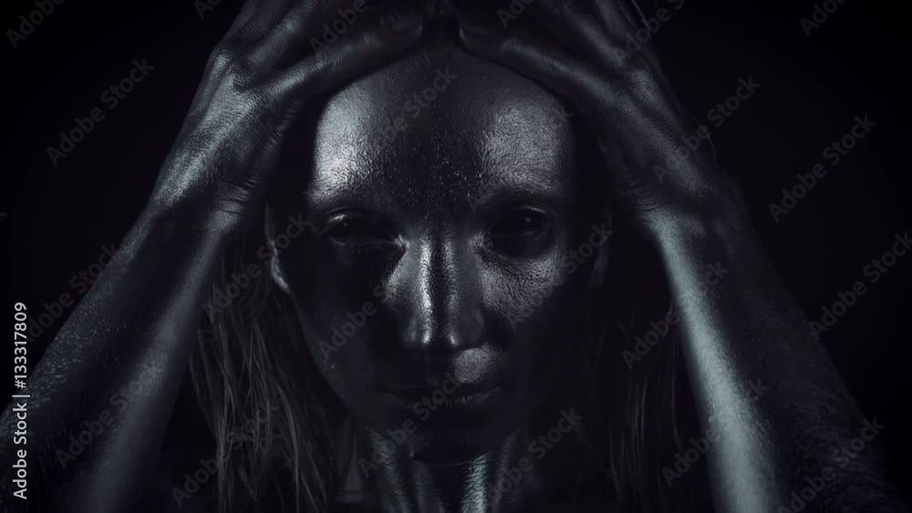 4K Horror Woman with Silver Metallic Make-up face Close-up 4K Horror Woman with Silver Metallic Make-up face Close-up