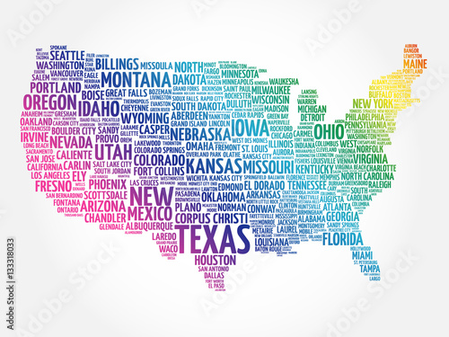 USA Map word cloud collage with most important cities
