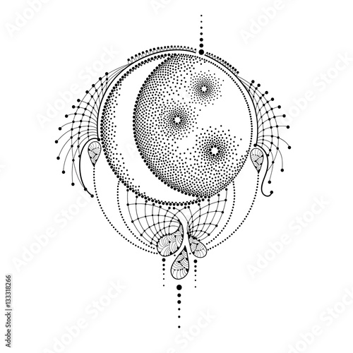 Vector illustration with dotted half moon, stars and decorative ornate lace in black isolated on white background. Astronomy symbols with crescent and star in dotwork style for creative tattoo design.