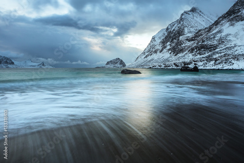 Haukland beach on the Lofoten in northern Norway on a cold winter's morning.