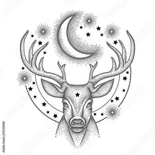 Vector illustration with dotted head deer with antlers, half moon and star in black isolated on white background. Astronomy symbols with crescent, stars and deer in dotwork style for tattoo design.