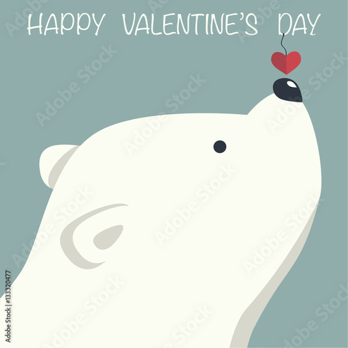 Cover design.Polar bear with decorative red heart on the blue background.In the top of the image the phrase Happy Valentine's day.