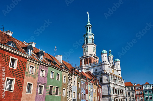 Townhouses and town hall in the Old Market Square in Poznan.