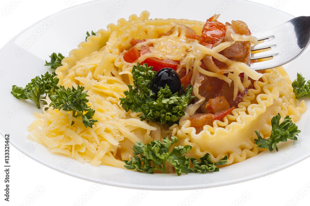 Tasty pasta with salad and olives Tasty pasta with salad and olives