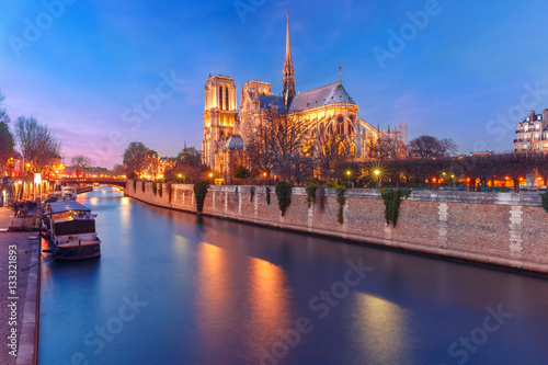 Cathedral of Notre Dame de Paris during evening blue hour, France