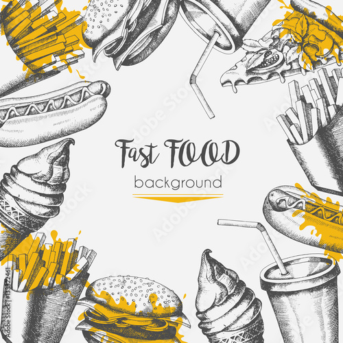 Background with fast food hand-drawn objects. Sketch, engraving, hatching. Vector Design elements for menu or advertising.