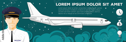 Flying airplane and Pilot. Colorful vector flat banner. Quality design illustration, elements and concept.