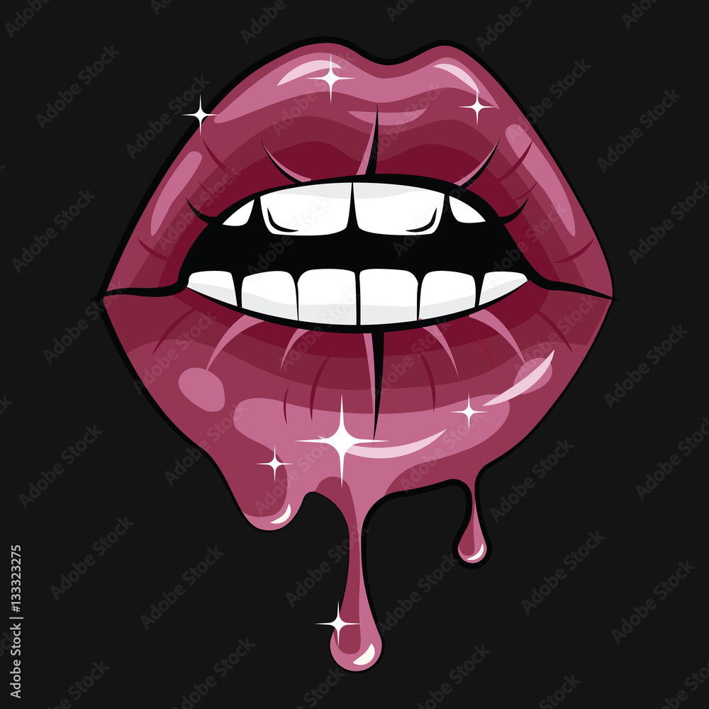 Cartoon fashion illustration with pink sexy female lips isolated on black background. Beauty fashion blog concept.