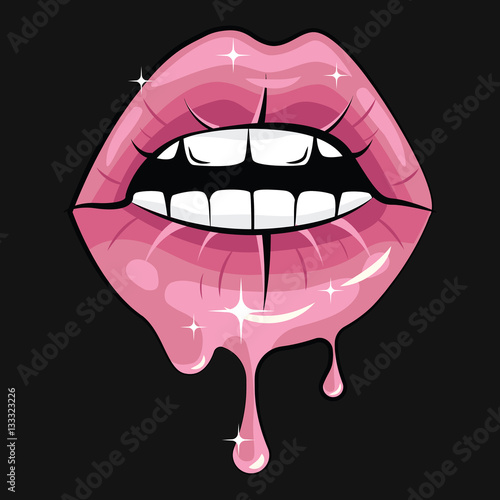 Cartoon fashion illustration with pink sexy female lips isolated on black background. Beauty fashion blog concept.