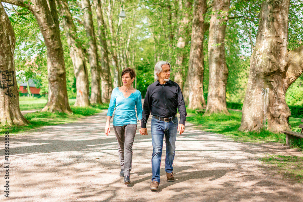 Senior Couple Walking Through A Park, Tuebingen, Germany Senior Couple Walking Through A Park, Tuebingen, Germany