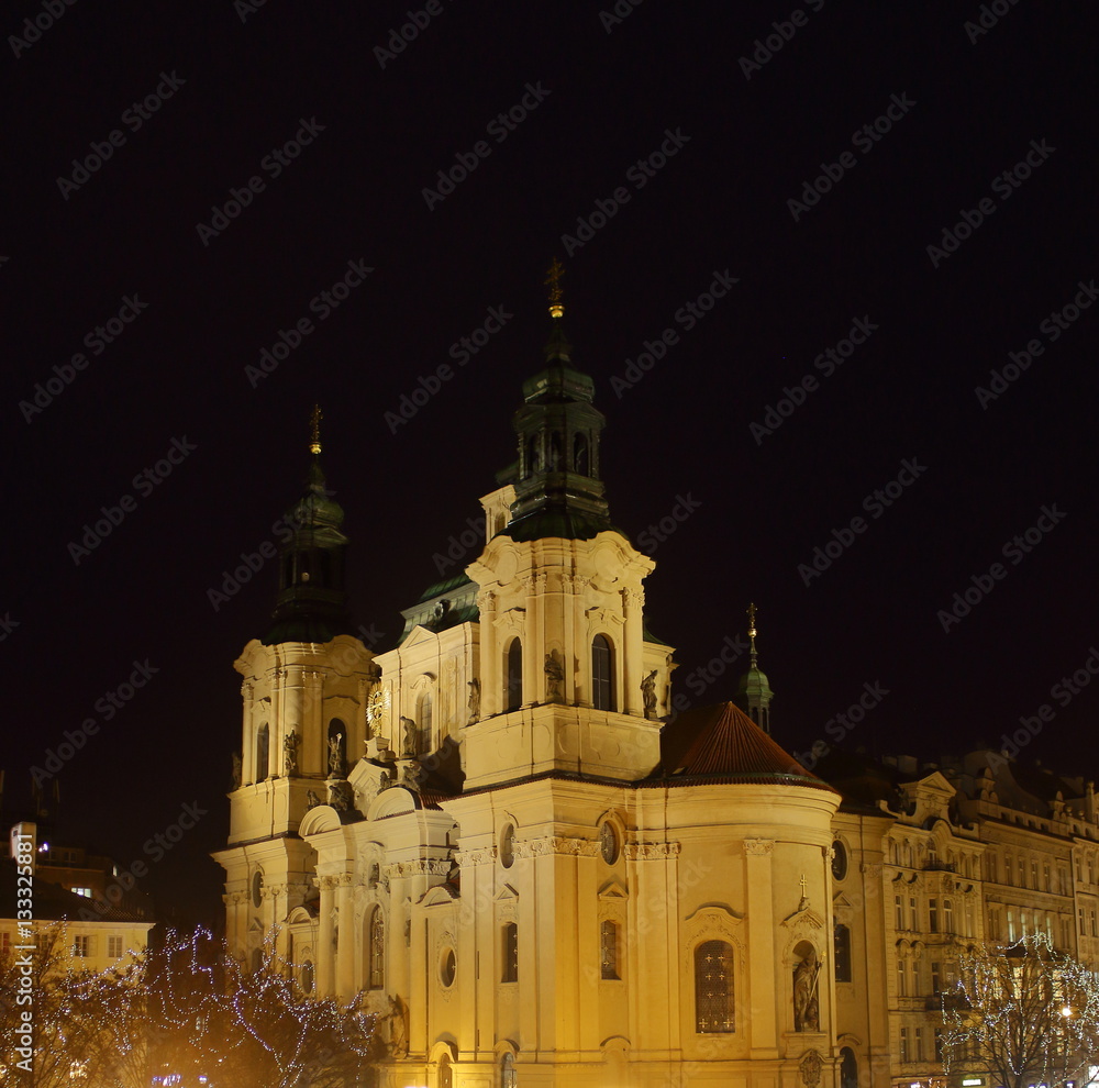 Saint Nicolas Church, Prague by night, the famous romantic capital of Chech republic, Europe.
