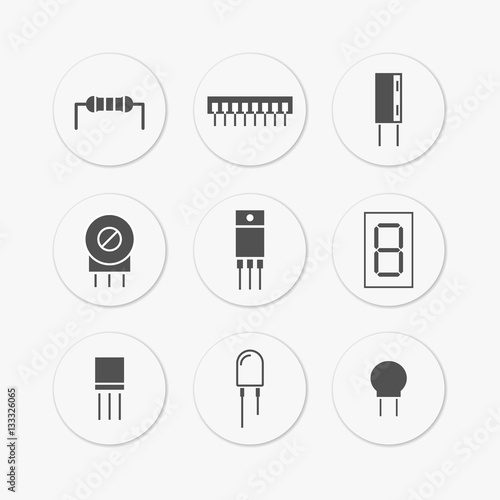 Electronic and radio components vector icon set in flat style