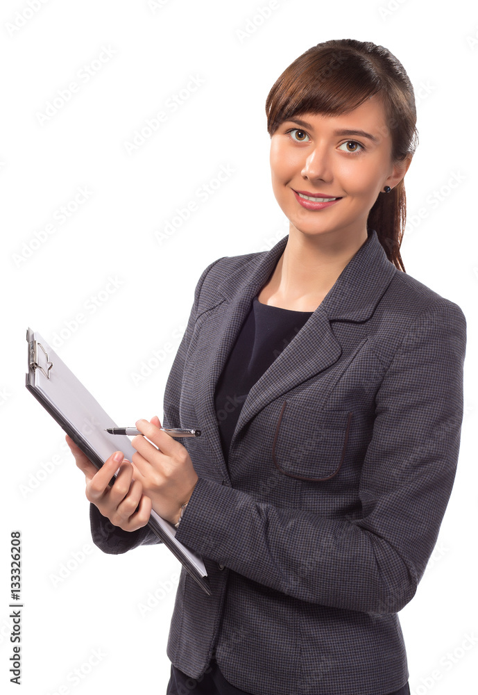 Smiling woman with clipboard isolated Smiling woman with clipboard isolated
