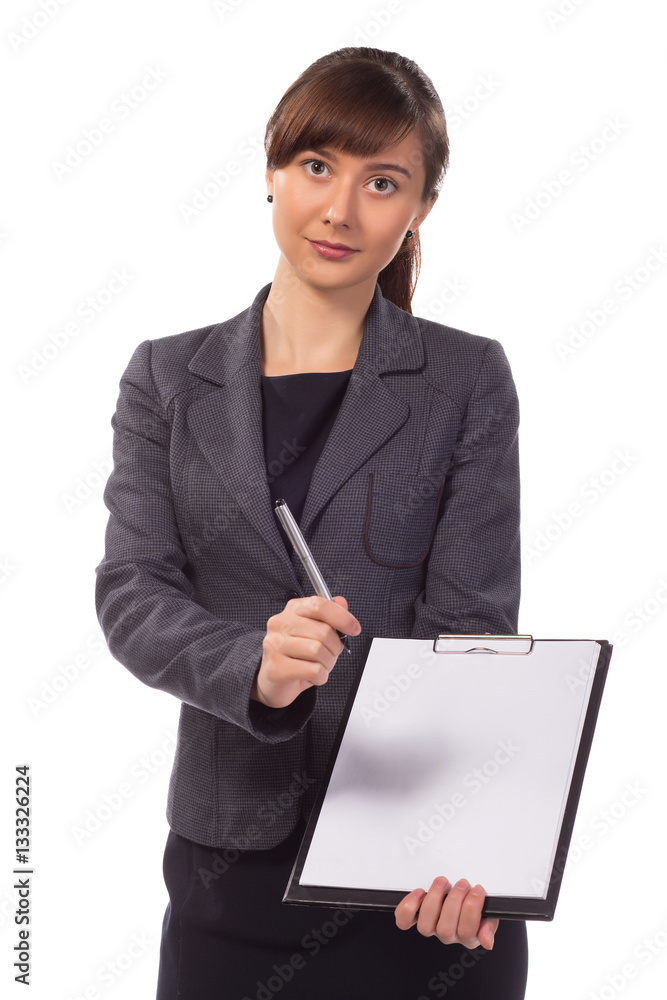 Pretty businesswoman with clipboard offer to sign contract Pretty businesswoman with clipboard offer to sign contract