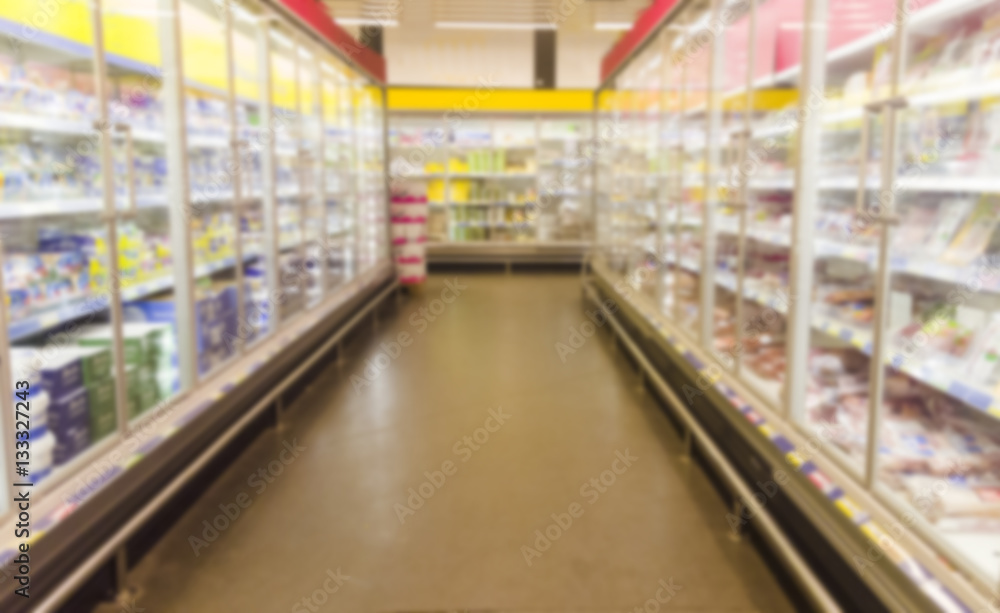 blurred image of  supermarket aisle with shelves full of products