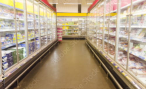 blurred image of supermarket aisle with shelves full of products