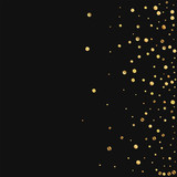 Sparse gold confetti. Scatter right gradient on black background. Vector illustration.