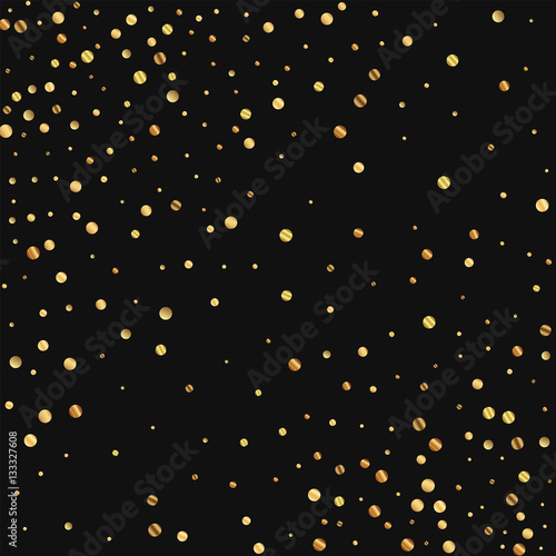 Sparse gold confetti. Abstract scattered pattern on black background. Vector illustration.