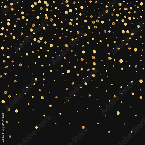 Sparse gold confetti. Top gradient on black background. Vector illustration.