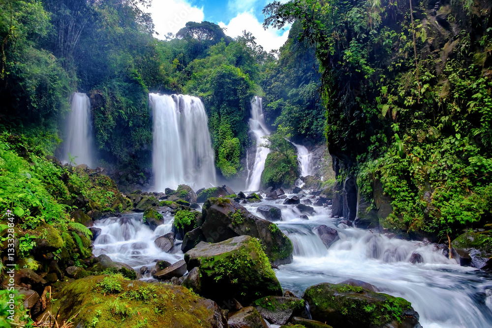 Fototapeta premium Beautiful waterfall in daylight, this is called Jenggala waterfall, located in Baturraden, Central Java, Indonesia