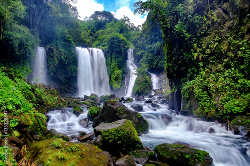 Beautiful waterfall in daylight  this is called Jenggala waterfall  located in Baturraden  Central Java  Indonesia