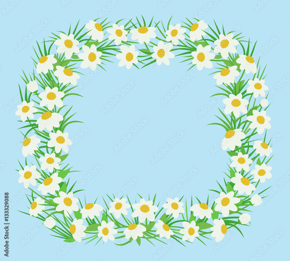 Vector rectangular floral frame in flat style. White flowers with green leaves and grass isolated on a blue background. For decoration and design greeting cards, invitations, weddings, birthday