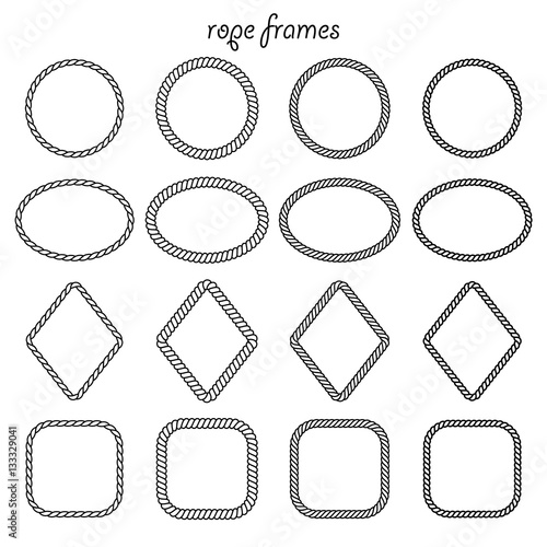 Vector set of round, oval, square and rhombus shape frame from rope isolated on white background. For the design of banners, brochures, cards