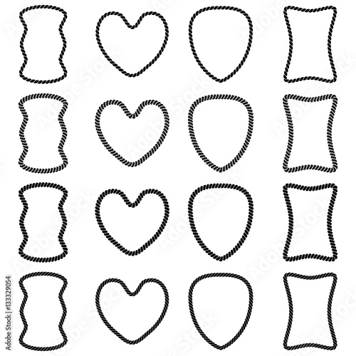 Vector set of frames from rope isolated on white background. For the design of banners, brochures, cards. Original monochrome frame in the shape of a heart, shield, rectangle