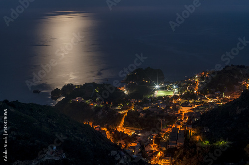 Beautiful aerial view of Taormina in the blue hour light  Messina  Sicily  Italy