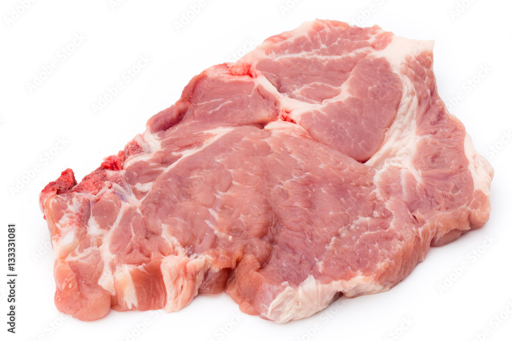 Fresh raw beef steak isolated on white background, top view.