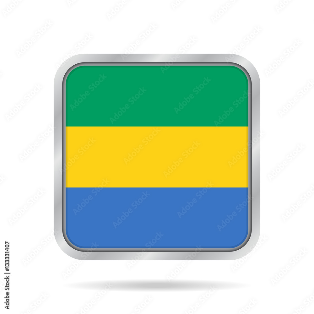 Flag of Gabon. Shiny metallic gray square button. Flag of Gabon. Shiny metallic gray square button.