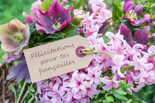 engagement / French greeting card with hyacinths and the text: Congratulations on your engagement