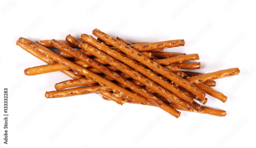 salty cracker pretzel sticks isolated on white background