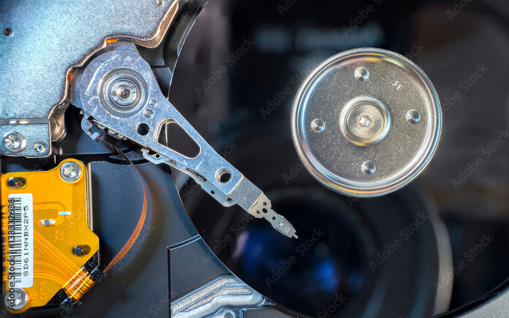 Beautiful photo of harddisk platter and harddisk head on the top of the platter, captured from the top, also show reflection of the camera Beautiful photo of harddisk platter and harddisk head on the top of the platter, captured from the top, also show reflection of the camera