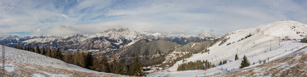 Wonderful panorama from Monte Pora to Presolana after a snowfall. Orobie Prealps, Bergamo, Lombardy, Italy.