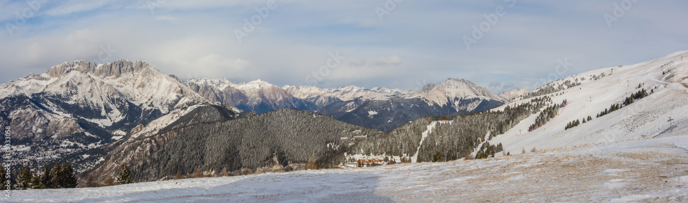 Fototapeta premium Wonderful panorama from Monte Pora to Presolana after a snowfall. Orobie Prealps, Bergamo, Lombardy, Italy.