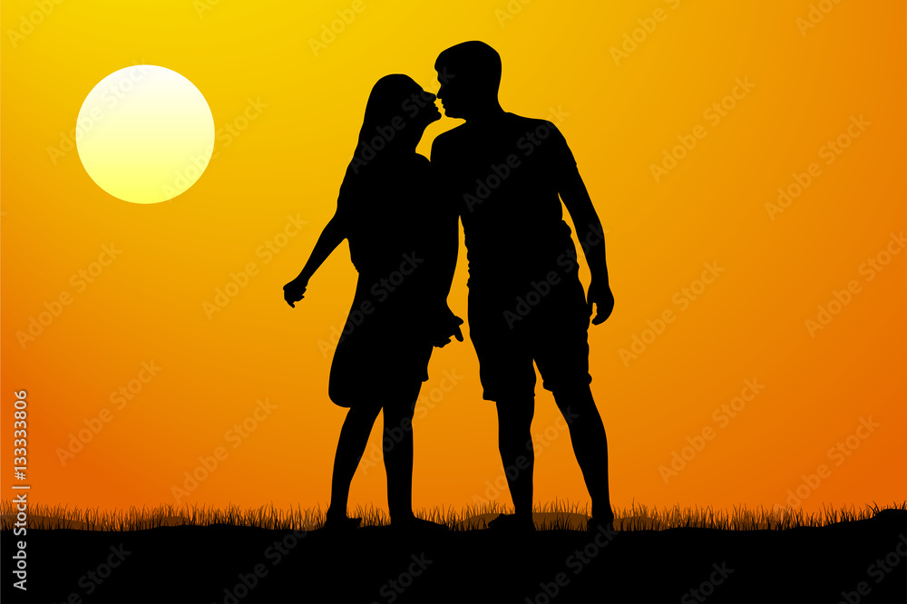 Silhouette kiss of young man and woman on sunset background, vector illustration